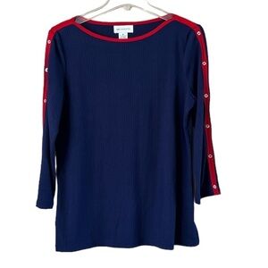 Liz Clairborne Blue Knit Top Red Trim Buttons On Sleeve Size Medium Round Neck
